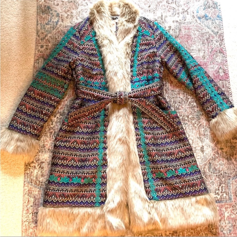 🦄 Tatou Embroidered Coat with faux fur trim ~Sundance Catalog